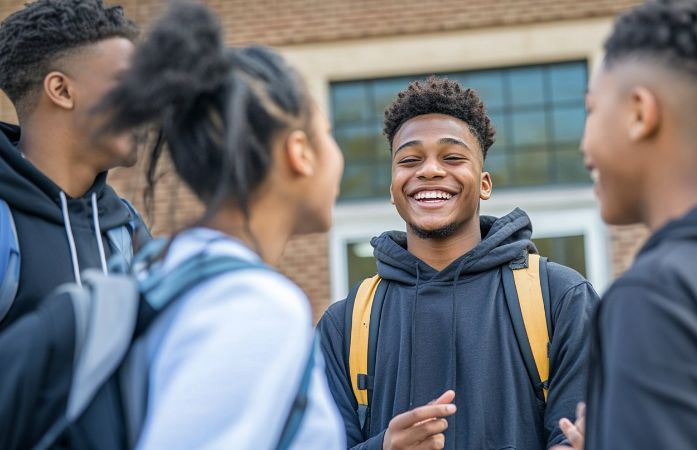  4 high school students standing outside in front of a building wearing backpacks and laughing